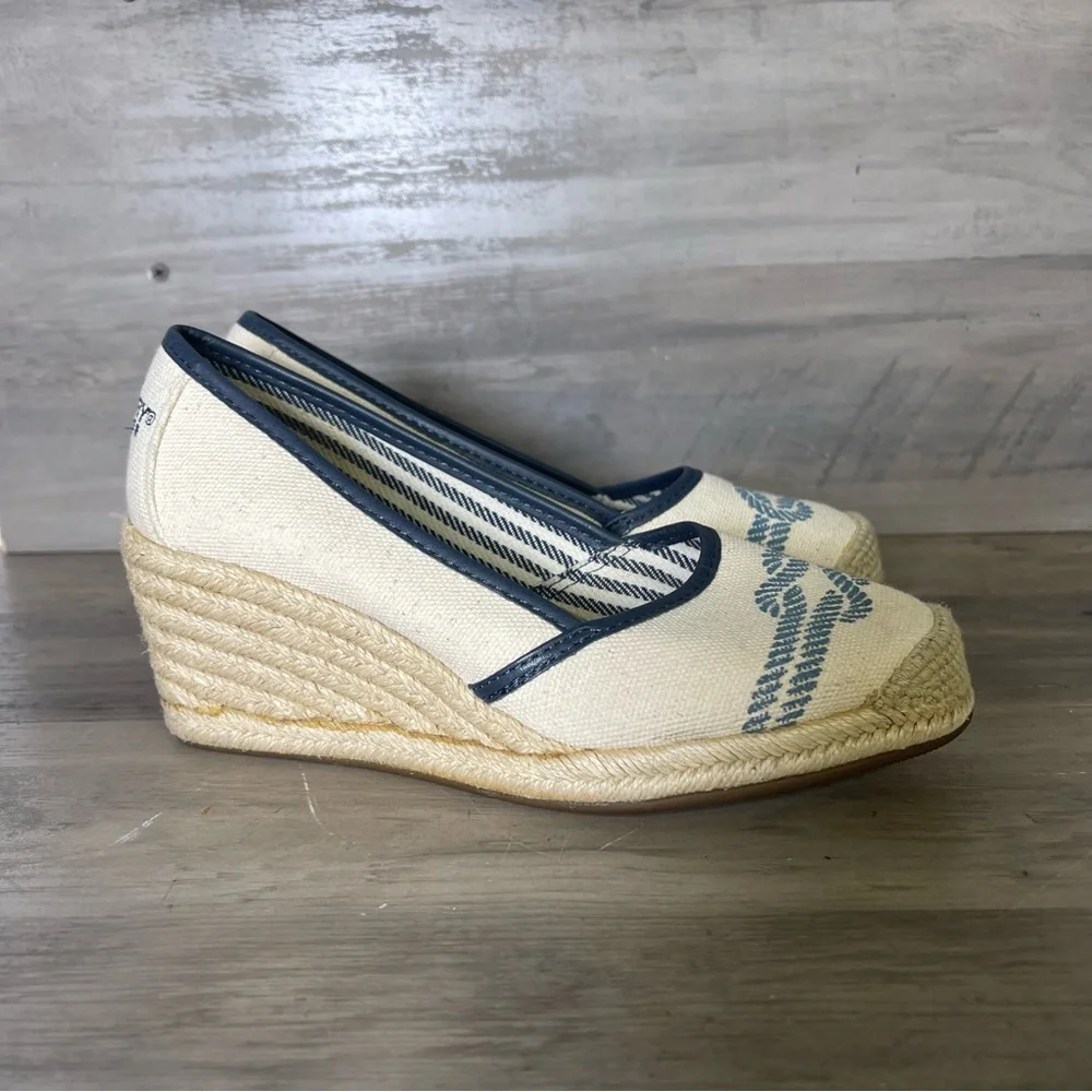 Sperry Womens 6 Tan Blue Knot Nautical Top Sider Espadrilles‎ Closed Toe Wedge